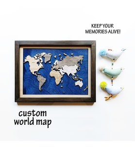 43x52cm Ahşap&Epoxy Tek Katman Dünya Haritası (Mavi Transparan Epoxy - Siyah Çerçeve)