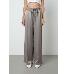 Kadın Beli Lastikli Bol Paça Düz Vizon Renk %100 Rayon Pantolon