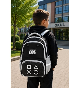 Just Game 3'lü Erkek Çocuk Okul Çantası Seti Oyun Konsolu Desenli Suya Dayanıklı