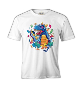 Dinosaur with Puzzle Pieces Around Beyaz Erkek Tshirt