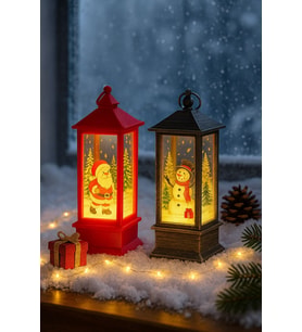 Yeni Yıl Noel Temalı 2 Li Set Işıklı Yılbaşı Feneri Noel Baba Kardan Adam Figürlü Kandili Fener 14Cm (Çok Renkli)