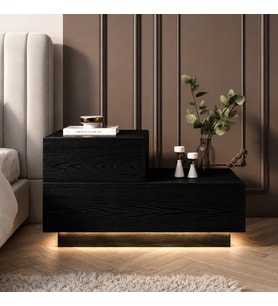 Kayra KMD002 LED Işıklı Komodin – 2 Çekmeceli Modern Tasarım (Ahşap Siyah)