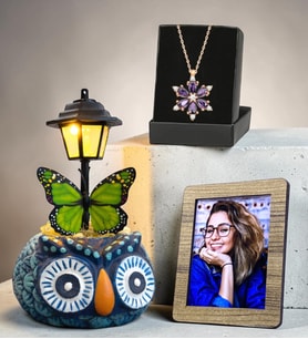 Kişiye Özel Fotoğraflı Baykuş Masa Lambası ve Gerçek Ametist Taşlı Lotus Kolye Hediye Seti