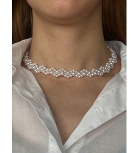 Zik Zak Model Özel Tasarım Choker İnci Tasma Kolye (Beyaz)