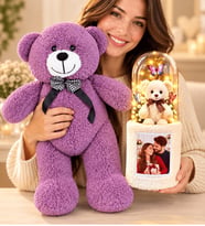 Kişiye Özel Fotoğraflı LED Fanuslu Ayıcık Buketi Büyük Mor Peluş Ayıcık Sevgiliye Hediye 30 cm 2