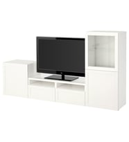 TV Ünitesi, Beyaz-Şeffaf Cam, 240x40x128 cm, Fren Raylı
