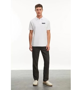 Yakası Düğmeli Yakalı Pike Baskılı T-Shirt - Beyaz