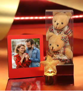 Kişiye Özel  İnstagram Çerçeve & Çift Ayıcık & Dekoratif Yıldız Led Işıklı Mini Metal Hediye Seti