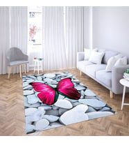 Kelebek Desenli Dijital Baskı Yıkanabilir Kaymaz Taban Modern Salon Halısı ve Yolluk (Gri - Pembe)