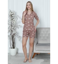 Mirano 1202 Likralı Pegasus Kumaş Düğmeli Şortlu Kadın Kalpli Pijama Takımı (Vizon)