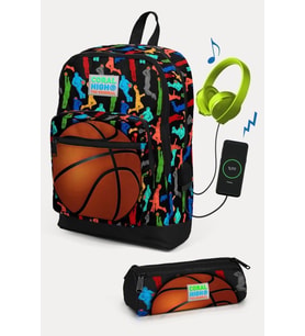 Coral High Kids Siyah Basketbol Desenli USB'li 2'li Okul Çanta Seti - Erkek Çocuk