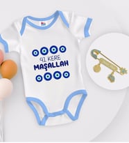 BK Kids Kişiye Özel Maşallah Tasarımlı Mavi Bebek Body Zıbın ve Erkek Bebek İğnesi Hediye Seti-2