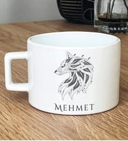 Kişiye Özel Etnik Kurt Hediye Lüks Fincan Babaya Sevgiliye Hediye (Beyaz)