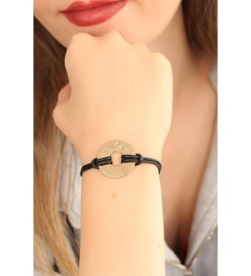 LUCKY (Şanslı) Siyah Deri İpli Unisex Mood Bileklik 5886 - HPSBYI8237-4132