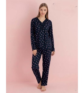 Pijamerry Kadın Bambu Baharlık Dantel Yaka Uzun Kol İnce Pijama Takımı 5209L - 1 Adet (Lacivert)