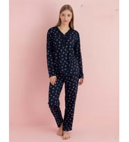Pijamerry Kadın Bambu Baharlık Dantel Yaka Uzun Kol İnce Pijama Takımı 5209L - 1 Adet (Lacivert)