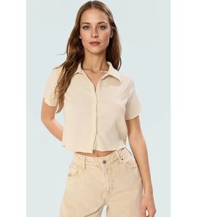 Örme Bürümcük Dokulu Crop Bluz Polo Yaka Kısa Kollu Seçkin Malzeme Zarifane Tasarım (Taş)