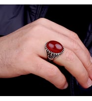 Akik Yeşil Taşlı 925 Ayar Erkek Gümüş Yüzük (Kırmızı)