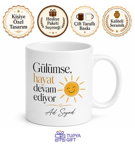 Gülümse ve Devam Et Temalı Kupa Bardak Motivasyon Hediye Bardak