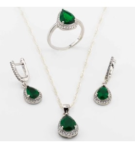 925 Ayar Gümüş Yeşil Zirkon Taşlı Damla Model Set