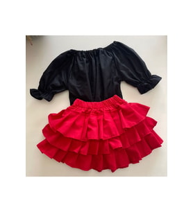 Kız Çocuk Kırmızı Fırfırlı Etek Balon Kol Siyah Bluz Kırmızı Bandana Set.-6-9 Ay