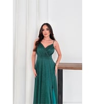 Neşeli butik kadın ayarlanabilir askılı yırtmaçlı tül abiye elbise RYS9276 (Zümrüt Yeşili)