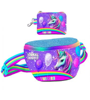 Coral High Kız Çocuk Mor Simli Unicorn Desenli Bel Çantası ve Bozuk Para Cüzdanı Set