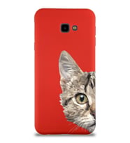 Samsung Galaxy J4 Plus Uyumlu Lansman Kılıf Catface Tasarımlı İçi Kadife Kapak-Kırmızı (Şeffaf)
