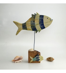 Woodensea  Büyük Balık Ahşap Biblo El Yapımı (Mavi - Beyaz - Sarı - Gri)