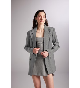 Oversize Kesim Simli Çizgili Eden Blazer Ceket Gri