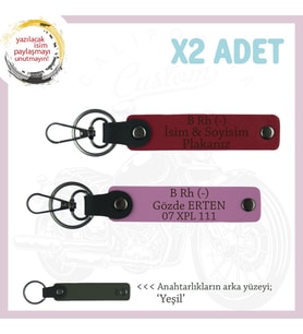 Motosiklet Aşıkları İçin, İsim Plaka ve B Rh (-) Kan Grubu Yazılı 2'li Anahtarlık, Kırmızı-Pembe-Ysl (Çok Renkli)