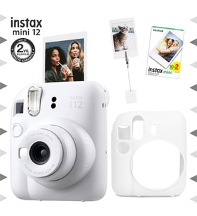 Instax mini 12 Beyaz Fotoğraf Makinesi-20'li Film-Kıskaçlı Resim Standı ve Silikon Kılıf Seti