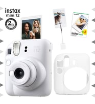 Instax mini 12 Beyaz Fotoğraf Makinesi-20'li Film-Kıskaçlı Resim Standı ve Silikon Kılıf Seti