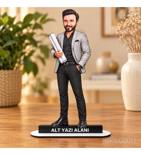 Kişiye Özel Erkek Mimar Gri Ceket Karikatürlü 18 cm MDF Masaüstü Biblo - Erkek Mimar Gri Ceket Hediyesi Mühendise ve Teknik Meslek Sahibine Hediye