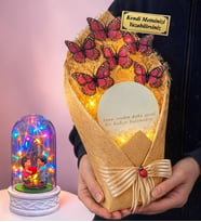 Size Özel Led Işıklı Aynalı Pembe Kelebek Buketi ve Renkli Işıklı Biblolu Fanus (Model 10)