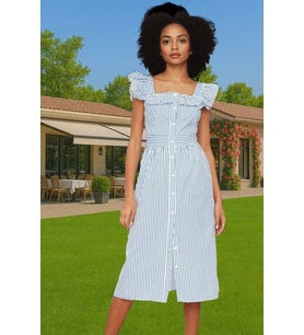 Yazlık Çizgili Midi Gömlek Elbise Pamuklu Polyester Günlük Stil Konforlu Kesim Şık Görünüm (Mavi)