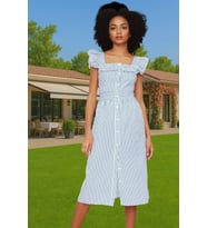 Yazlık Çizgili Midi Gömlek Elbise Pamuklu Polyester Günlük Stil Konforlu Kesim Şık Görünüm (Mavi)