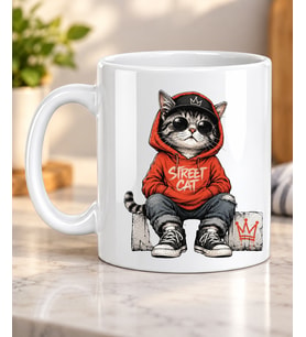 Street Cat Yazılı Havalı Kedi Desenli Komik Tasarım Kedi Severlere Hediye Porselen Kupa Bardak
