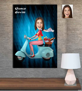 Kişiye Özel Karikatür Baskılı Ahşap Motorcu Kadın-3 30x40