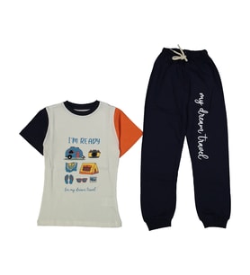 Erkek Çocuk Ekru Füme Yakalı Kamp Baskılı Pijama Takımı