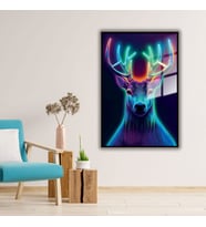 Metal Çerçeveli Temperli Cam Tablo Neon Renkli Geyik (Siyah)