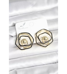 Pirinç Gold Renk Siyah Mineli Geometrik Gül Model Kadın Küpe - TJ-BKP11376