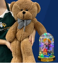 Size Özel Renkli Led Işıklı Fanus ve Büyük Boy Kahverengi Peluş Ayıcık Hediye Seti (Model 1)