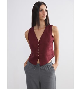 LCW Vision Bordo V Yaka %100 Keten Kadın Klasik Yelek