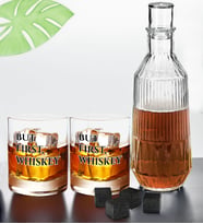 BK Gift DTF But First Whiskey Tasarımlı İkili Viski Kadehi, Viski Taşı ve Karaf Seti, Arkadaşa Hediye, Sevgiliye Hediye