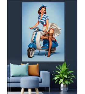 Pin-Up Kız Scooter Retro Dekoratif Kanvas - Mdf Ahşap Tablo