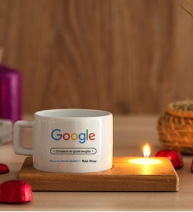 Kişiye Özel Google Tasarım Esprili Ahşap Altlıklı Mumlu Fincan