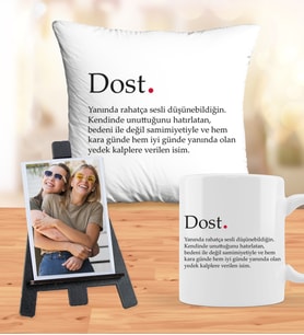 Kişiye Özel Dost Temalı Hediye Seti- Yastık- Kupa-Ahşap Şövale- Polaroid Fotoğraf