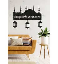 Hoşgeldin Ramazan Temalı Şamdanlı Ahşap Duvar Dekorasyonu - Kolay Montaj- 45x36 cm (Siyah)