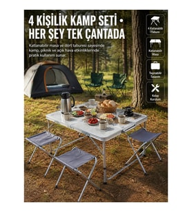 Mey İthalat® Katlanabilir Kamp Masası ve 4 Tabure Seti Taşınabilir Alüminyum Gövdeli Piknik Masası